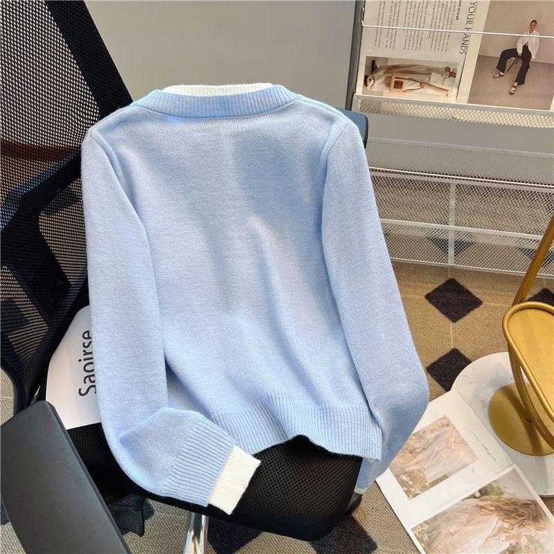 Cárdigan de punto para mujer, bloques de color, cuello redondo, manga larga, imitación de dos piezas, primavera, otoño, nuevo diseño, abrigo suave y juvenil
