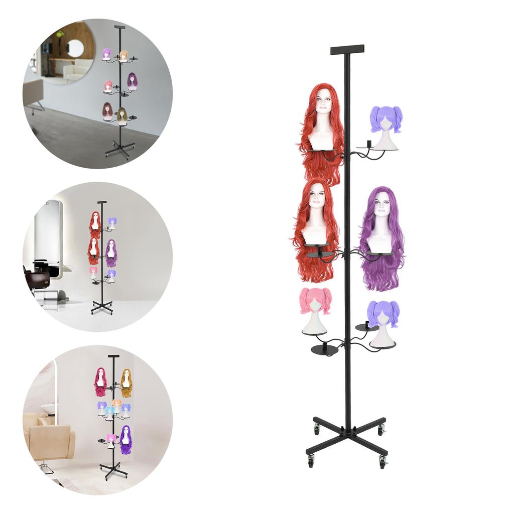 12-Head Iron Wig Holder,Pink/Black Cross Base/Round Base Freestanding Wig Display& Storage Rack 50*50*178cm for Hair Salons