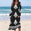 Women's Casual Fashion Retro Print V-neck Long Sleeve Waist Long Dress