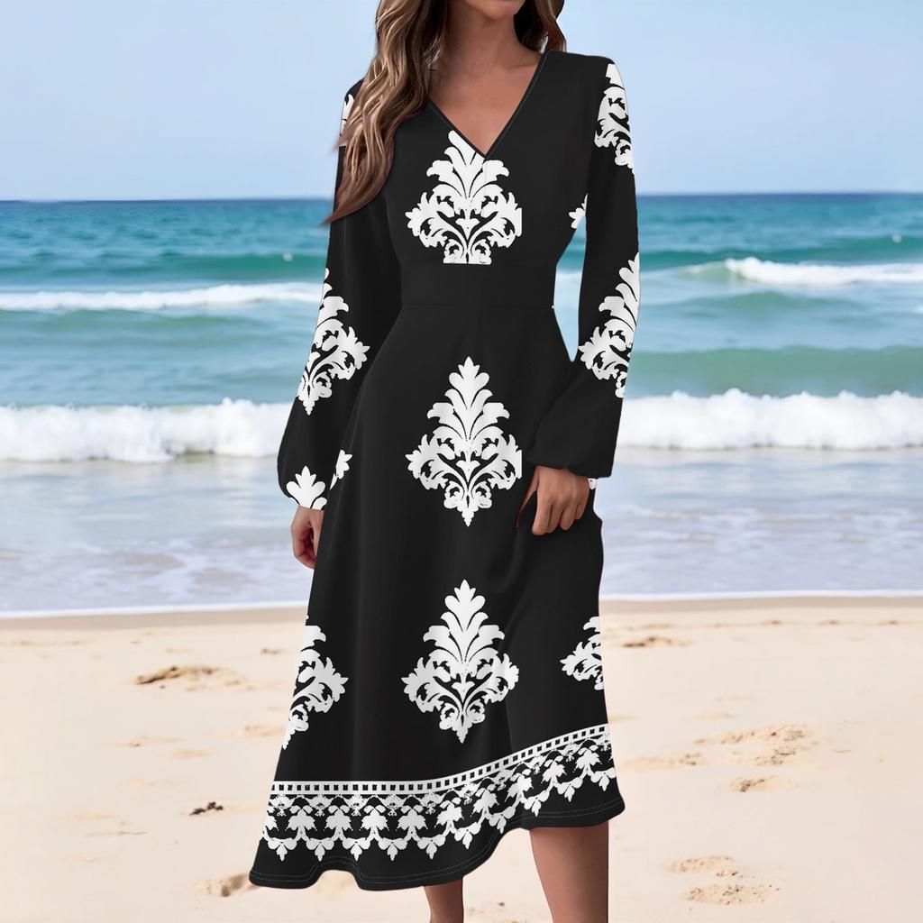 Women's Casual Fashion Retro Print V-neck Long Sleeve Waist Long Dress
