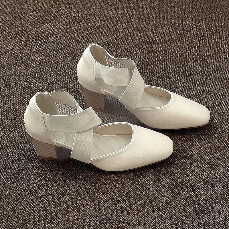 Fashion 2025 Brand Shoes for Women Elastic Band Women's High Heels Fashion Square Toe Dress Pumps Women New Plus Size Solid Heels Women