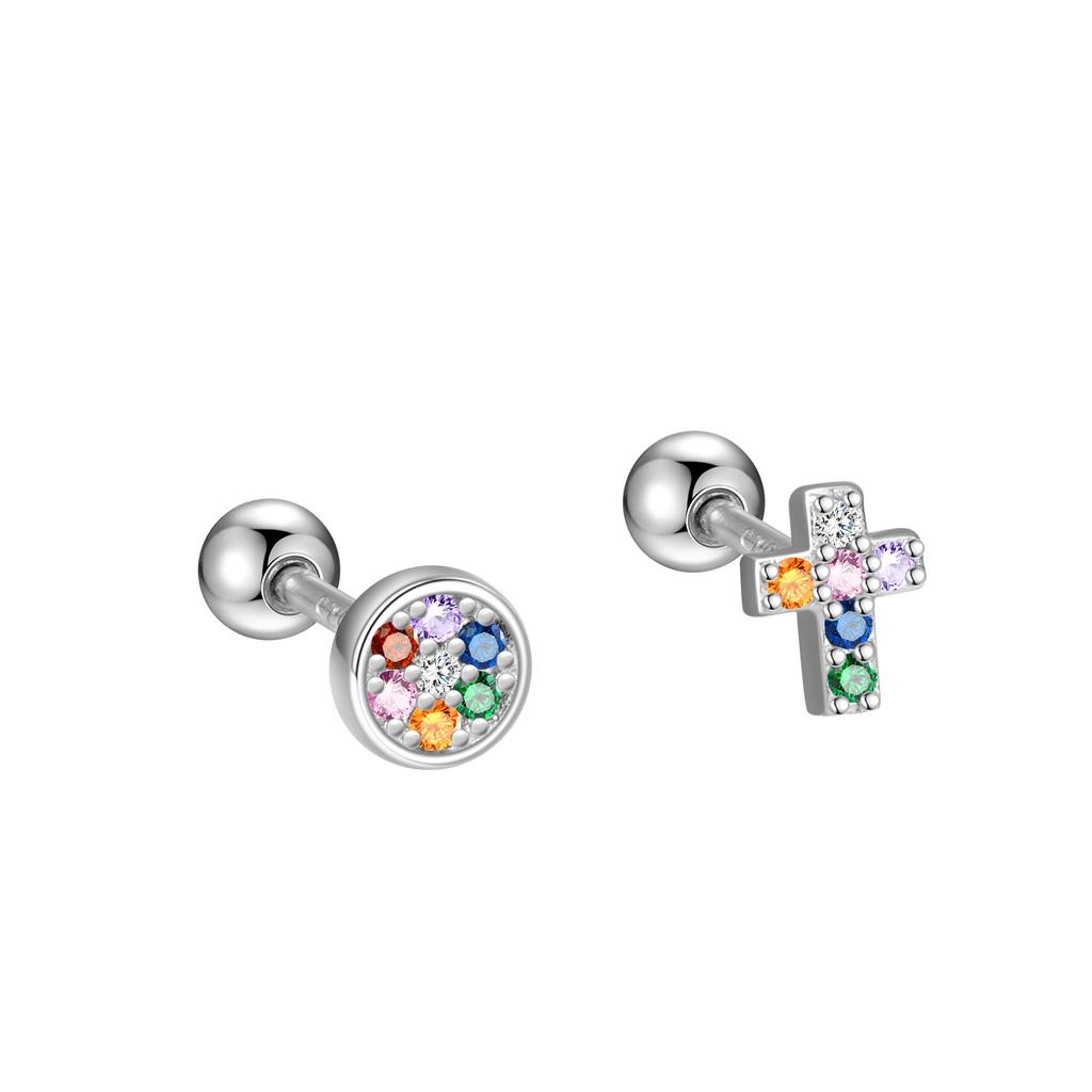 S925 Sterling Silver Asymmetrical Colorful Zircon Cross Screw Earrings for Women Simple Fashionable Earrings