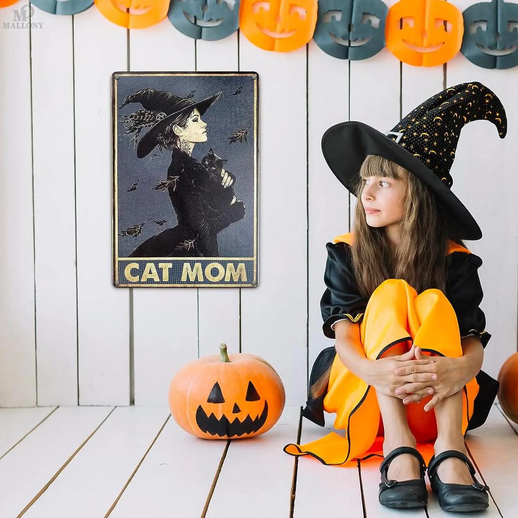 Cat Decor for Cat Lovers Metal Sign - Witch Cat Mom Metal Wall Art Tin Sign Indoor Halloween Decor Outdoor Black Cat