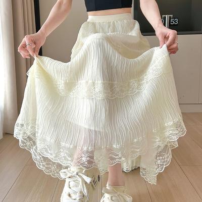 Falda Maxi de Pastel a Capas de Primavera para Mujer con Paneles de Encaje de Cintura Alta - Corte Slim con Adorno de Volantes y Estética Dulce Romántica