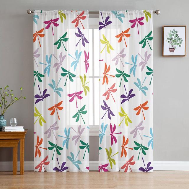 Dragonfly Flowers Sheer Curtain For Living Room Voile For Window Blinds Bedroom Tulle Drape Kitchen Cortinas Hall Curtains