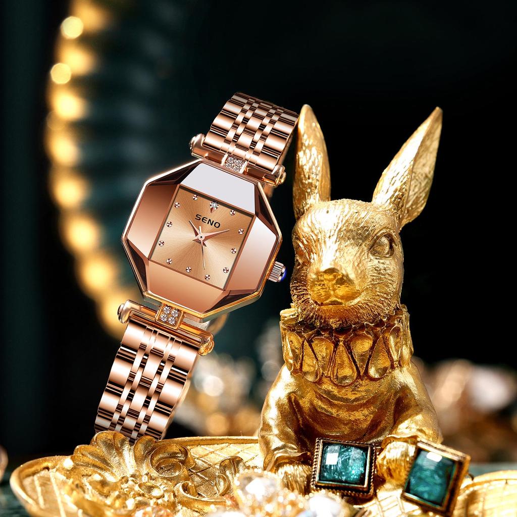 Elegant Women's Steel Band Wristwatch In Pomegranate Red, Champagne Gold & Green