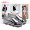 Fashion Aphixta Rhineston Round Toe Leather Flats Shoes Women White Bling Loafers Couple Platform Shoes Woman Chunky Sole Size 43