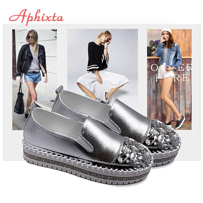 Fashion Aphixta Rhineston Round Toe Leather Flats Shoes Women White Bling Loafers Couple Platform Shoes Woman Chunky Sole Size 43