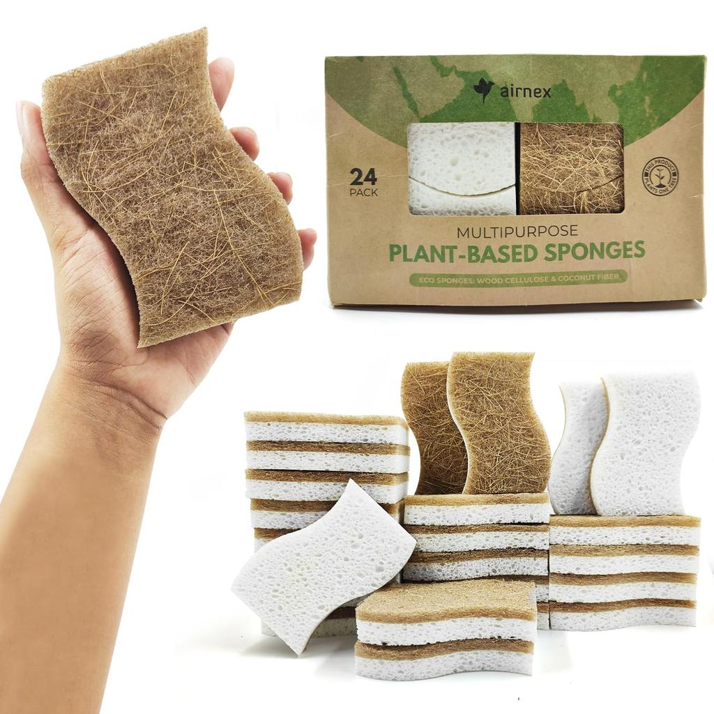 AIRNEX Biodegradable Natural Kitchen Sponges 24 Pack Natural Kitchen Sponges Biodegradable Cellulose and Coconut Scrubber Dish Sponges Eco Friendly