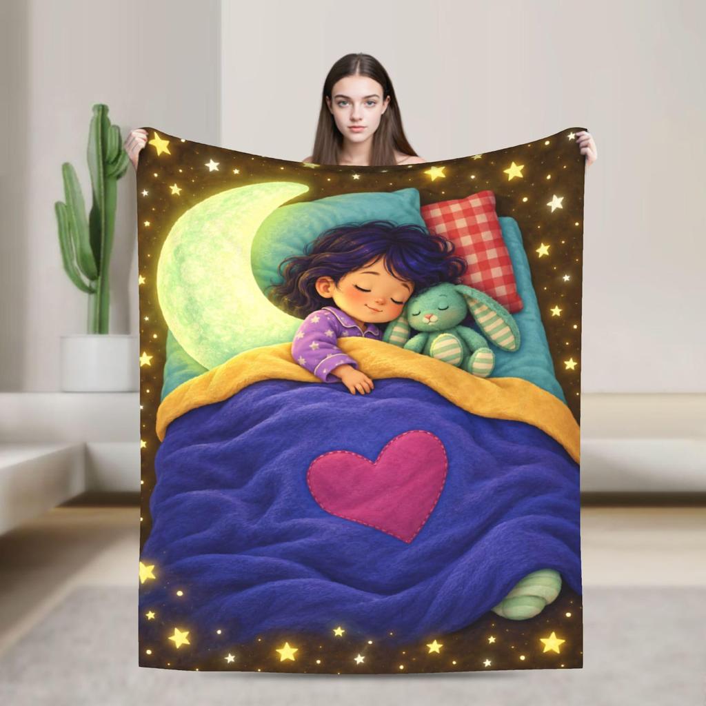 Sleeping Girl Flannel Throw Blanket: Starry Night, Bunny, Moon (300 GSM)