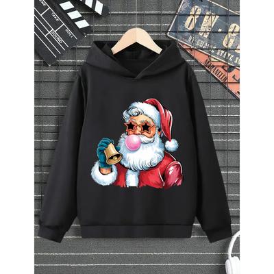 This Autumn And Winter Children's Fashionable Black Sports Hoodie With Santa Claus Cartoon Prints Is Perfect For Daily Outings