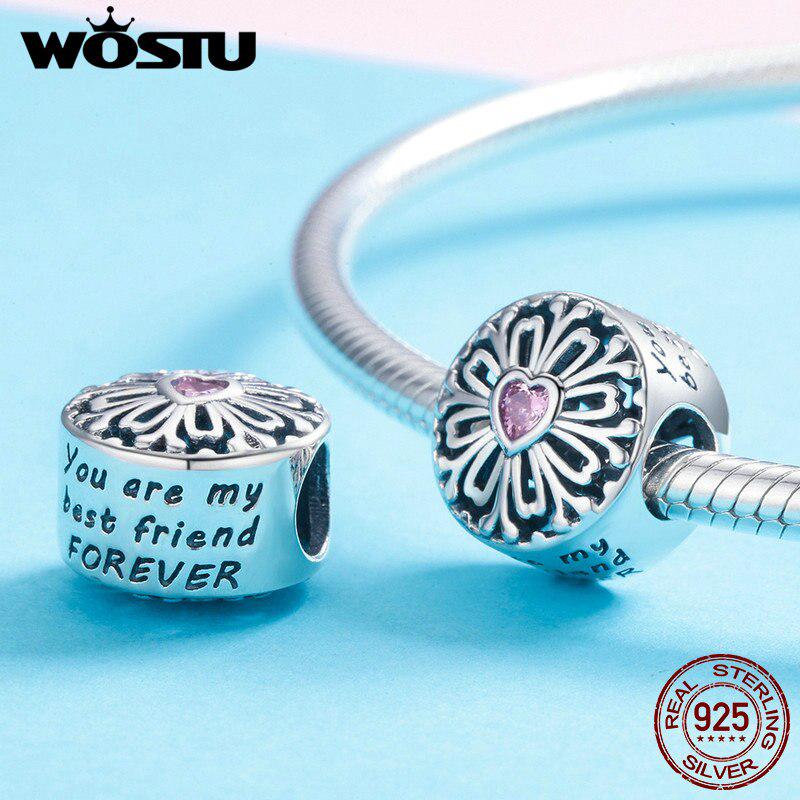 WOSTU Cuentas de flores caladas con forma de corazón rosa de plata de ley 925 100 % compatibles con pulseras originales DIY.