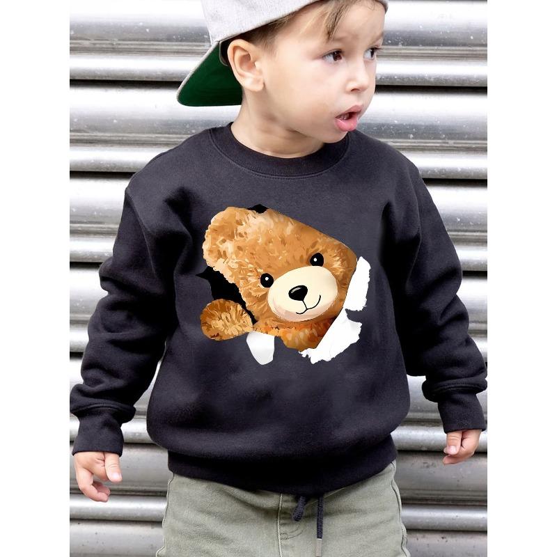 Boys' Autumn/Winter Fashion -Lined Sweatshirt with "Hello" Bear Cartoon Print, Loose Fit Casual Long-Sleeve Pullover