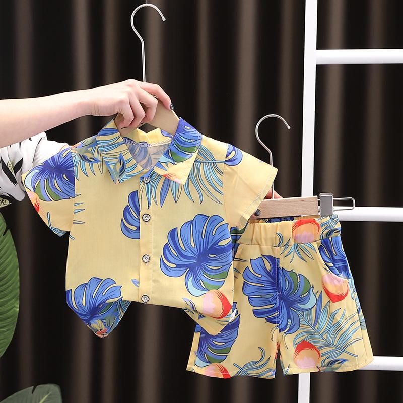 Children's Summer Full Print Leaf Flower Standing Neck Shirt Short Sleeve Set
