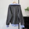 Splicing Shirt Fake Two-piece Knitted Sweater Top Autumn and Winter New Design Sense Loose and Thin Sweater Pullover Woman