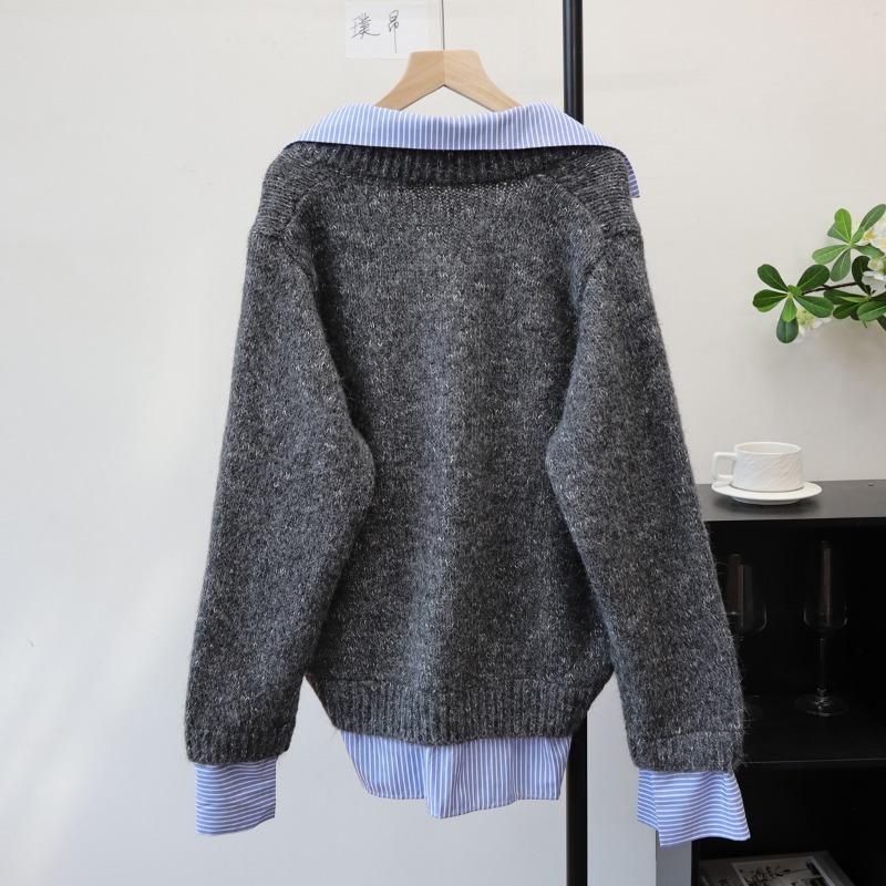 Splicing Shirt Fake Two-piece Knitted Sweater Top Autumn and Winter New Design Sense Loose and Thin Sweater Pullover Woman