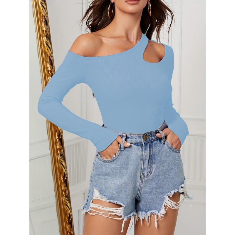 

Женские пуловеры, тонкий, темпераментный, с наклоном, без бретелек, с длинными рукавами, нерегулярный вязаный топ XXL небесно-голубой