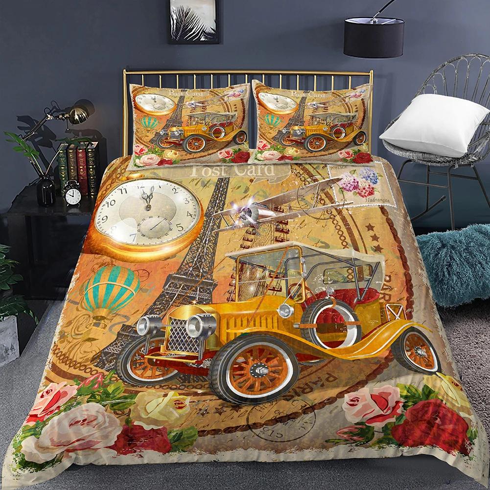 Housse de Couette Tour Eiffel Romantique Moderne Bâtiment de Ville de Paris Rouge et Bleu Housse de Couette pour Couple Accessoires Décor pour Adolescente