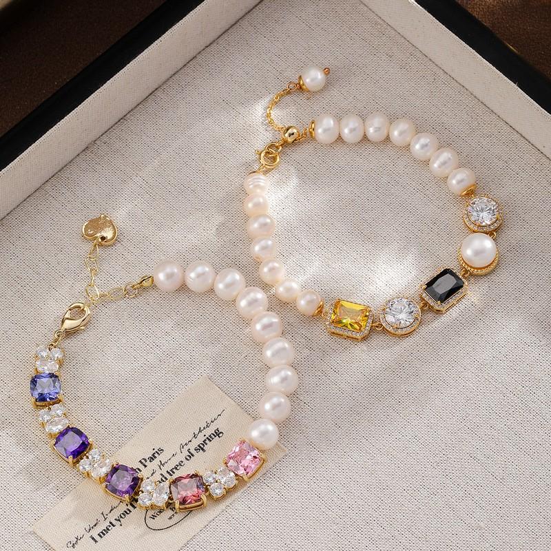 Elegant Geometric Freshwater Pearl Zircon Crystal Bracelet Women Lightweight Luxury Handcrafted Jewelry