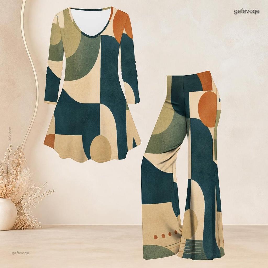 Women Plus Size Round Neck Three Quarter Sleeve Printed Flared Top And Flared Pants Two Piece Set