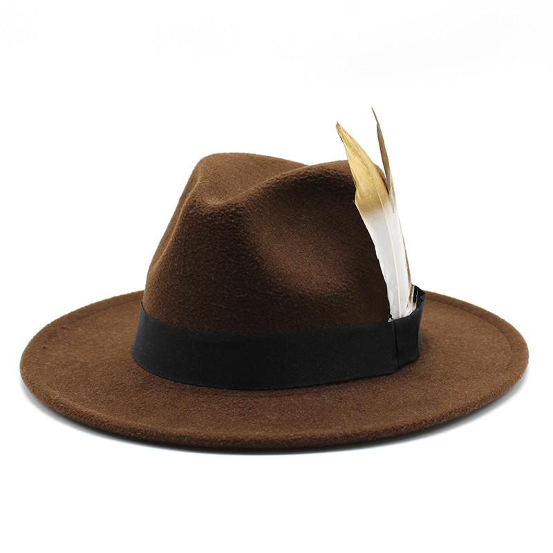 Trendy Wide-Brimmed Hat Woolen Top Hat Versatile Feather Flat Edge Jazz Hat British Style