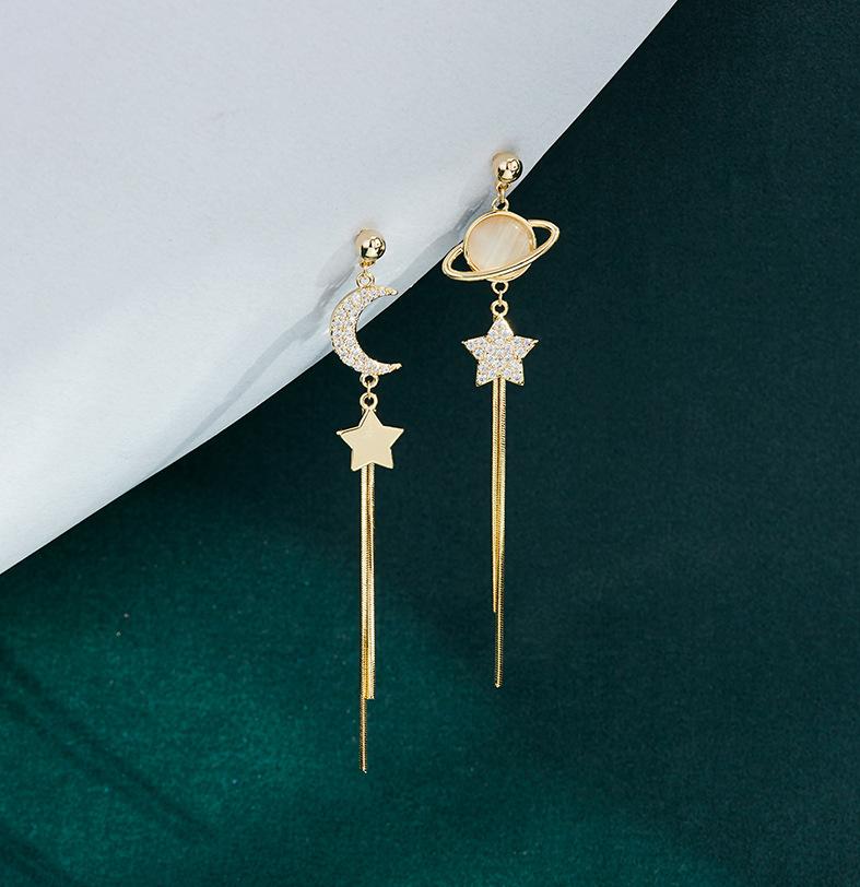 

New Trend Star Earth Long Tassel Dangle Earrings For Women Planet Crystal Statement Pendant Earrings Wedding Party Zircon