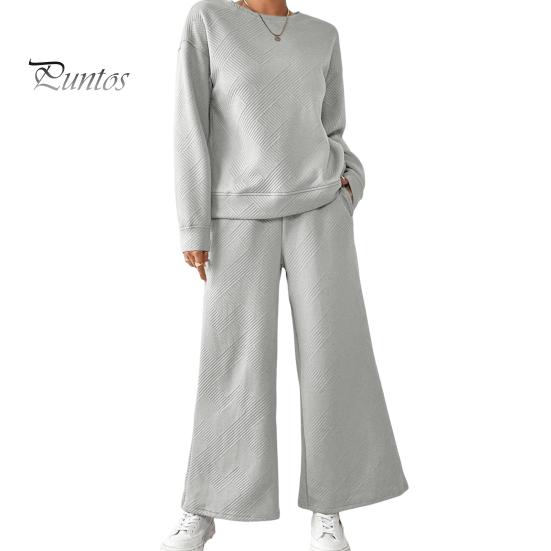 2 Pcs/Set Women Top Pants Suit Round Neck Long Sleeves Textured Solid Color Sweatshirt Elastic Waist Wide Leg Trousers Daily Wear Sport Outfit Fall