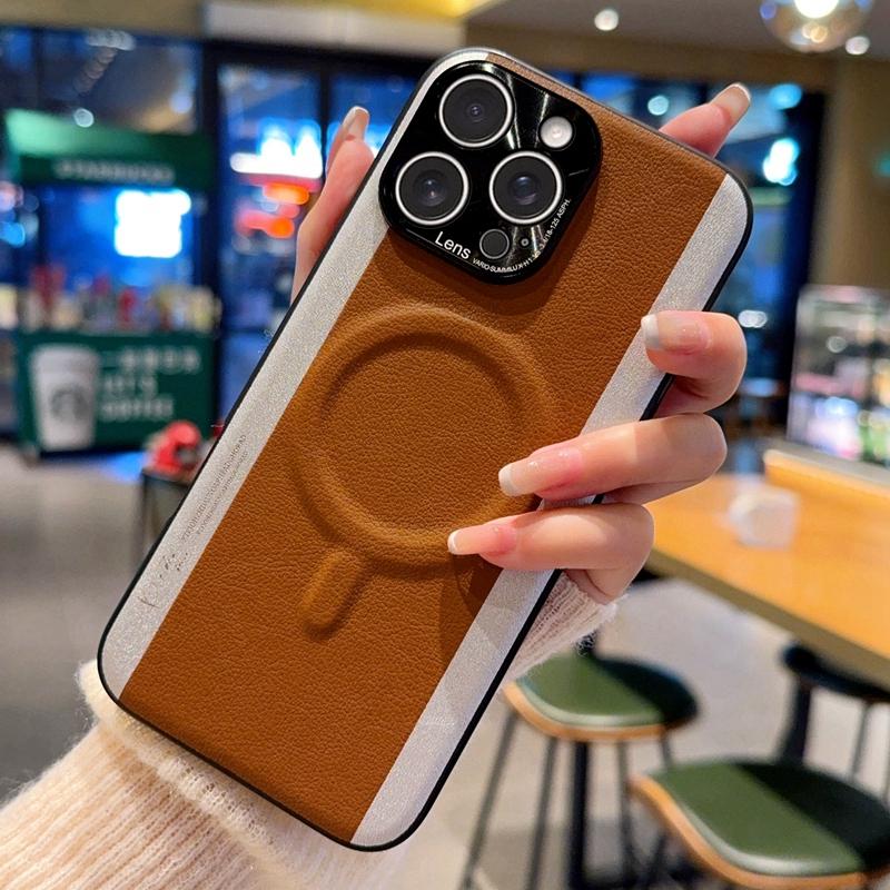 For iPhone 15 Pro Max Case Compatible with MagSafe Splicing Color PC+PU Leather Phone Back Cover