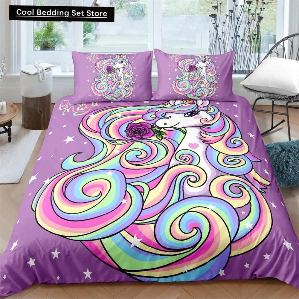 

Unicorn King Queen Duvet Cover Cartoon Animal Rainbow Universe Bedding Set For Kids Teen Cosmic Starry Sky Polyester Quilt Cover EU Single(135*200cm)3pcs