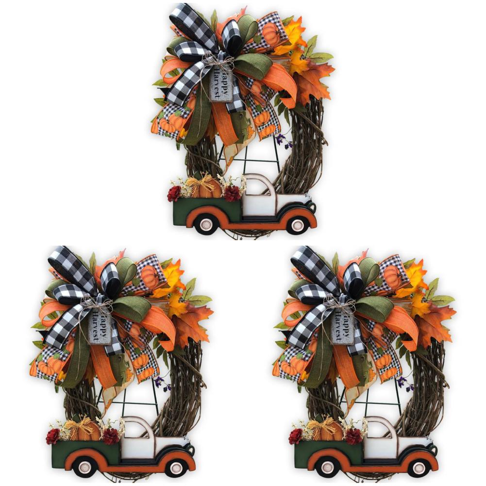 1-3PCS Farmhouse Pumpkin Cart Wreath Pumpkin Wreath Halloween Pumpkin Truck Wreath for Halloween Thanksgiving Decoration