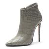 New European And American Style Pointed Thin Heel Print Super High Heels Short Boots Sexy Side Zipper Women's Bare Boots