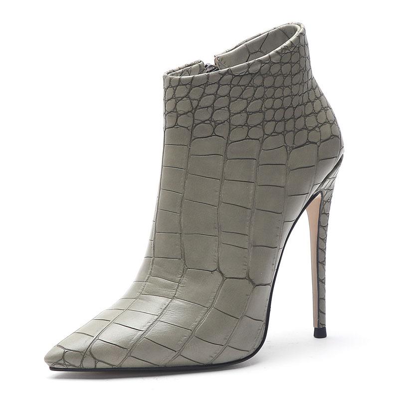 New European And American Style Pointed Thin Heel Print Super High Heels Short Boots Sexy Side Zipper Women's Bare Boots