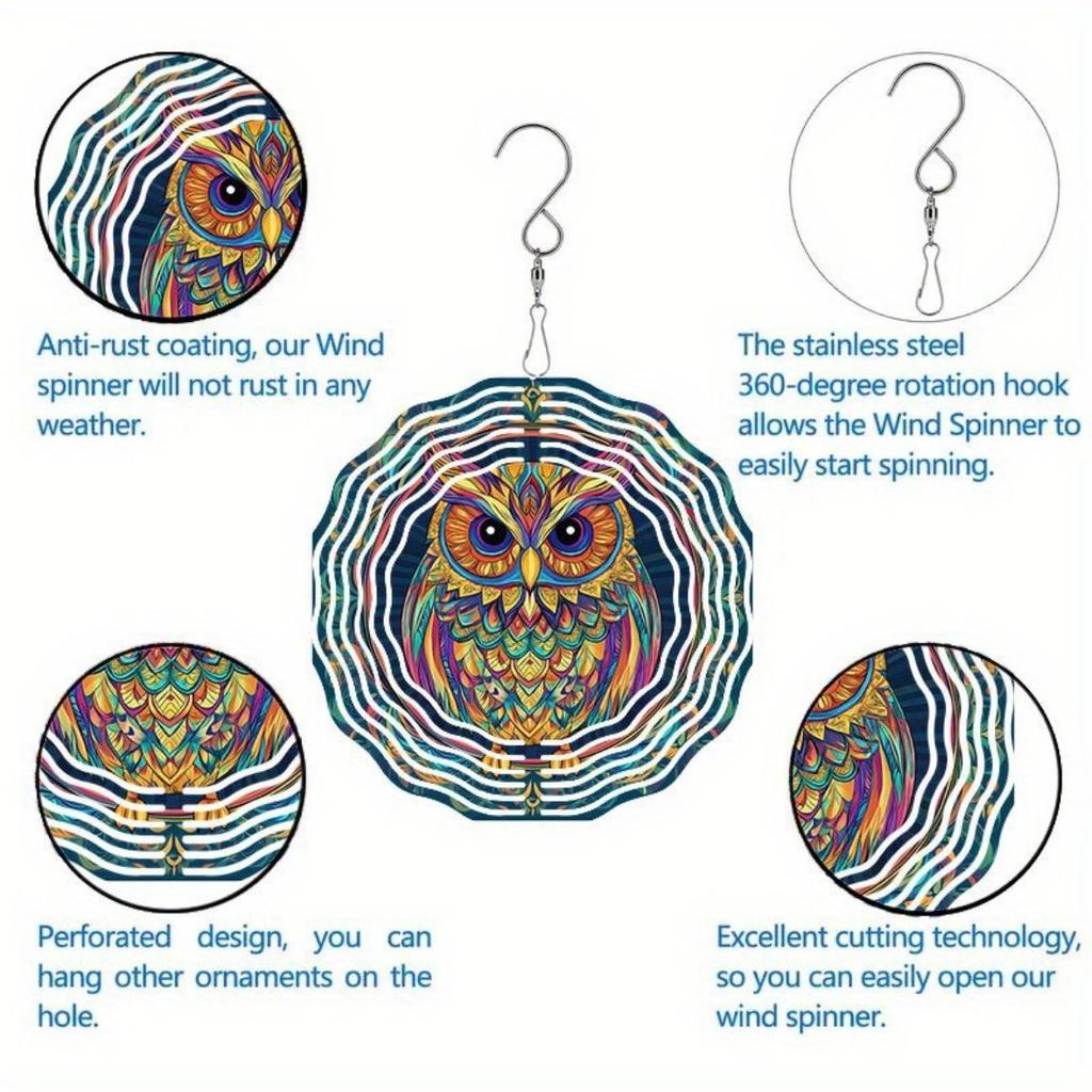 Vibrant Hand Painted Owl Wind Chime 3D Metal Garden Decor Colorful Outdoor Hanging Ornament with Swivel Hook Perfect for Thanksgiving