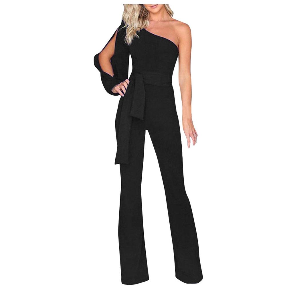 Women's One Shoulder High Waist Tie Solid  Long Sleeve Slim Sexy Jumpsuit