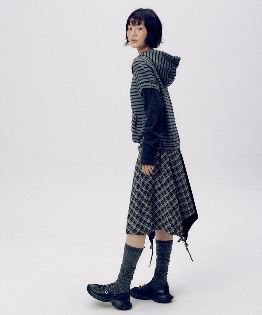 Some Place Check Asymmetrical Tie-Up Strap Flare Layered Midi Wrap Skirt _ 2 Colors