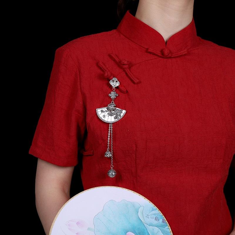 Classical Chinese Plum Blossom Fan Cheongsam Button Bell Fringed Pendant Tibetan Silver Pendant Female Hanfu Miao Silver Accessories