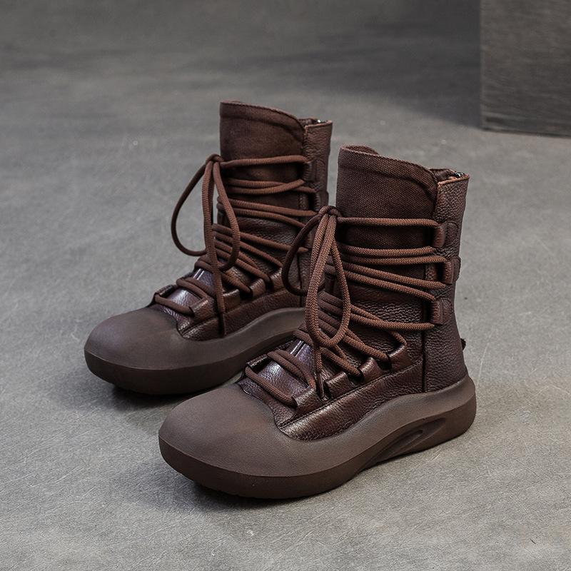 Johnature Botas retrô de cano médio com sola grossa e couro legítimo com cadarço, sapatos femininos