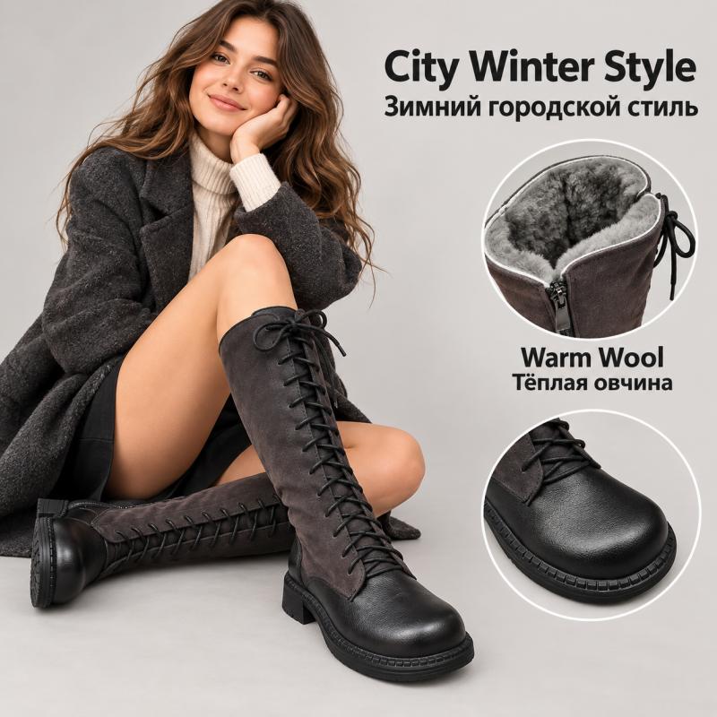 G&Zaco Luxury brand Knight Boots Genuine Leather Real Wool Women's Boots Knee-high Sheepskin Fur Anti Slip Thick Cotton Warm Lace Up Long Boots 3337
