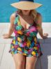 Plus Size Women's Colorful Tankini Swim Set with Skirt and Printed Briefs