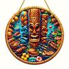 1pc 2d Flat Hawaiian Tiki Mask Bar Sign - 20cm Round Wood Art Decoration for Home, Garage, Cafe, Restaurant, Bar, BBQ, Beach, Resort Decoration
