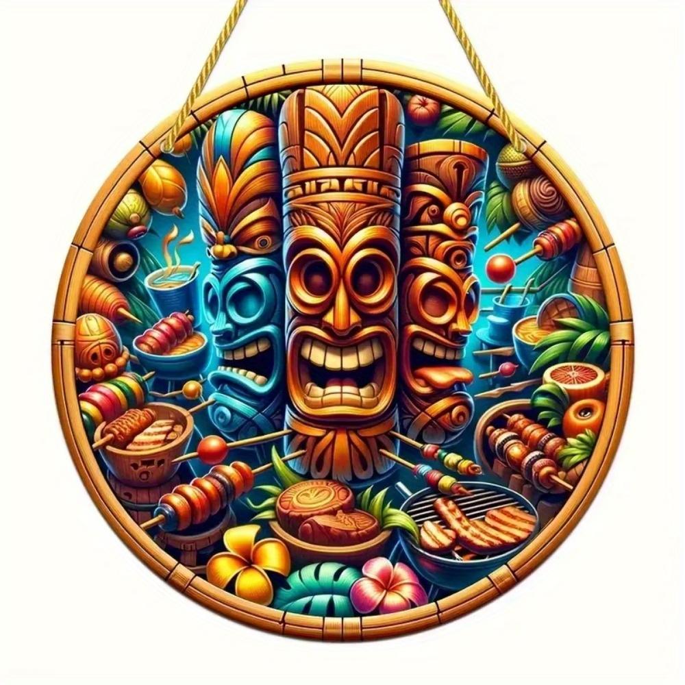 1pc 2d Flat Hawaiian Tiki Mask Bar Sign - 20cm Round Wood Art Decoration for Home, Garage, Cafe, Restaurant, Bar, BBQ, Beach, Resort Decoration