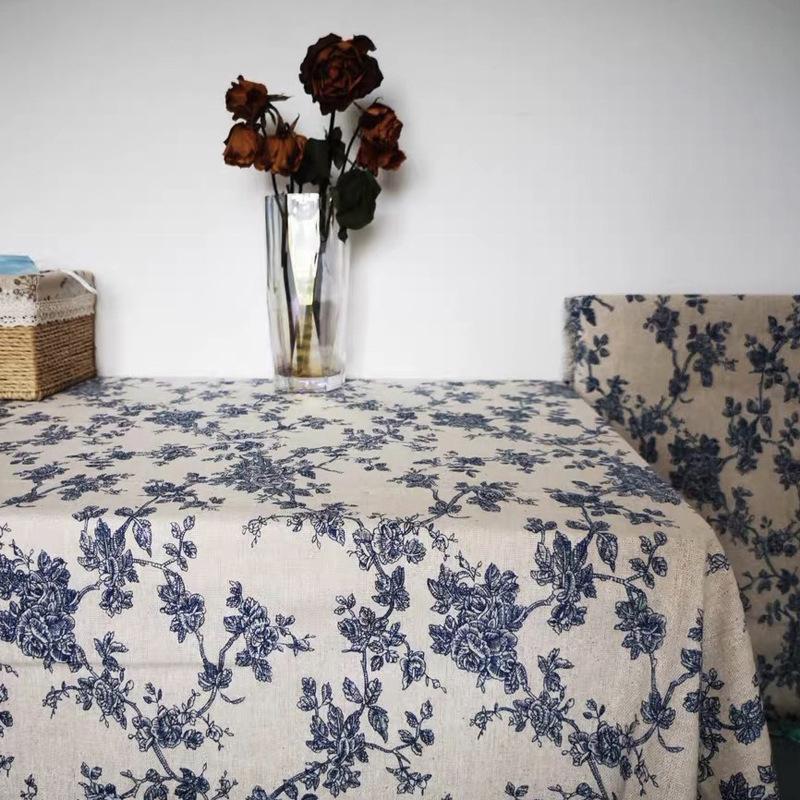 Blue Tablecloths Bohemian Floral Fabric Tassel Rectangle Dust-Proof for Home Decoration Kitchen Holiday Party Dining Table Cover