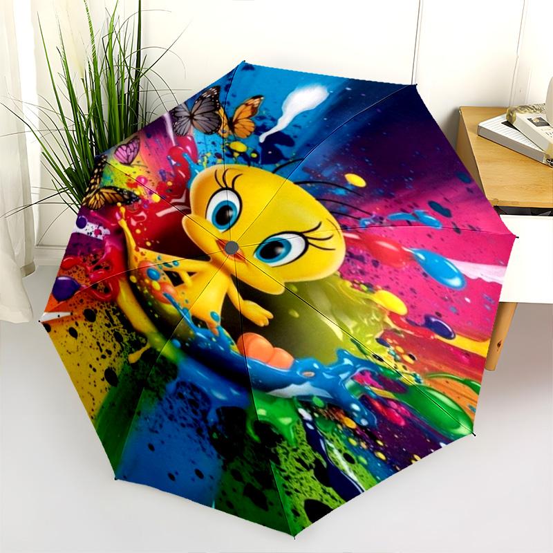 Tweety Blue Yellow Stripes Folding Umbrella Suitable For All Seasons Travel Sun Umbrella Travel Umbrella