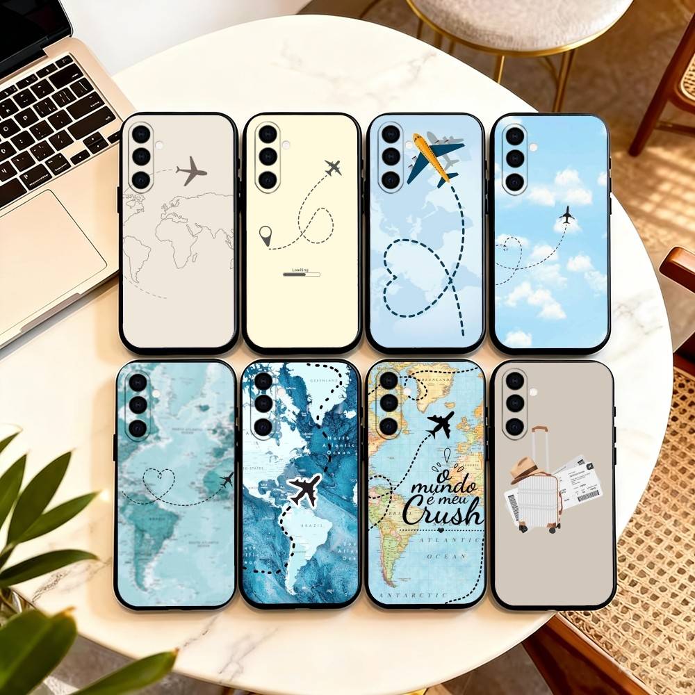 Travel Airplane Route Phone Case Black Silicone Soft For Samsung Galaxy A73,A72,A71,A70,A53,A52,A51