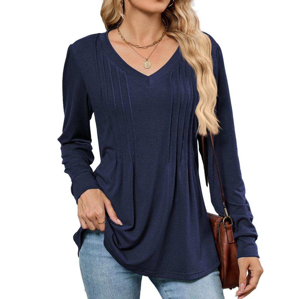 Fall Winter New Solid Color V-neck Striped Loose Long Sleeve T-shirt Top For Women, Amazon Cross-border European American Women's Clothing