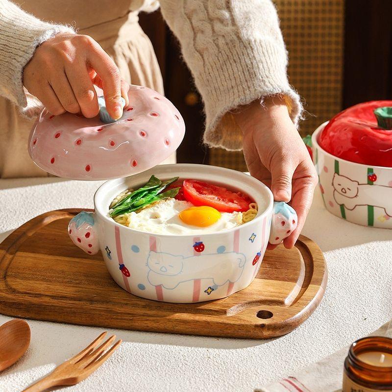 Süße Keramik-Ramen-Schüssel mit Deckel, Nudelsuppenschüssel für Zuhause & Studenten