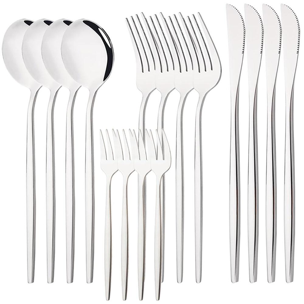 Silver Dinnerware Set 16Pcs Cutlery Set Stainless Steel Flatware Cake Fruit Fork Kitchen Knife Forks Spoon Tableware Set