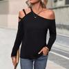 Women Simple Slant Collar Off Shoulder Long Sleeve Casual Commute T Shirt Top