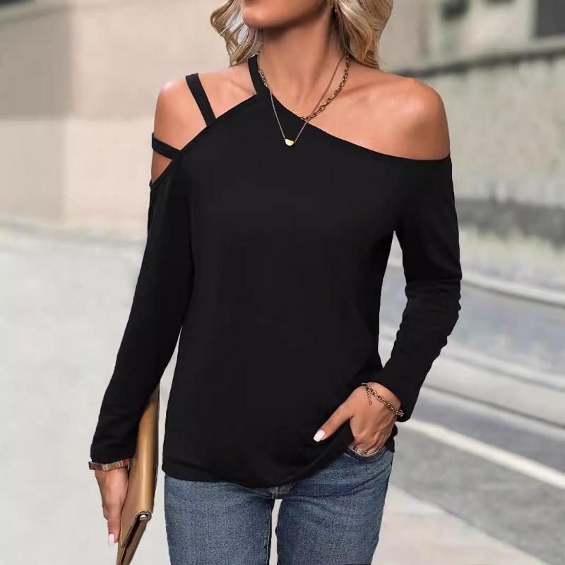 Women Simple Slant Collar Off Shoulder Long Sleeve Casual Commute T Shirt Top