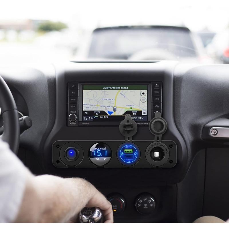 1PC Yacht Bus RV 4-in-1 Combination Panel with Cigarette Lighter Digital Voltmeter Intelligent Fast Charge QC3.0 + PD